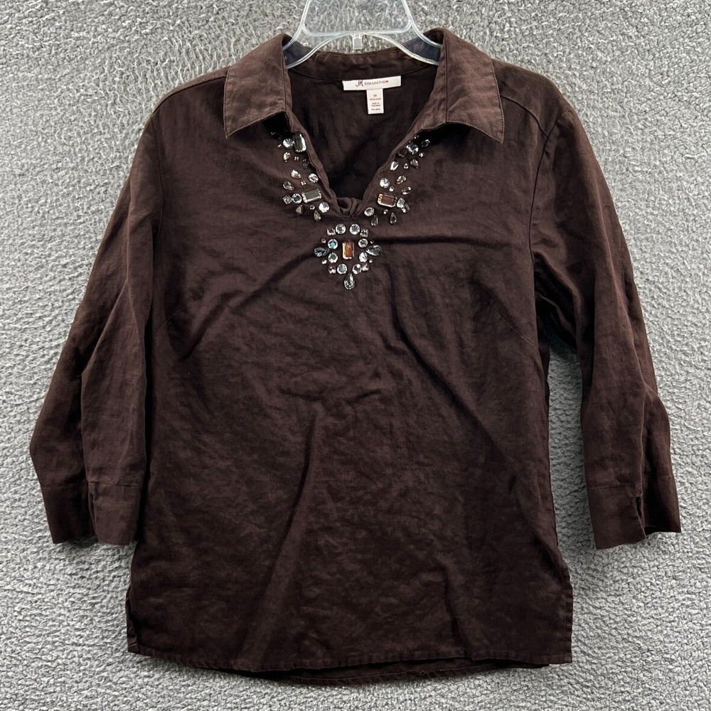 Womens Boho Minimalist Linen Blouse 10 Brown Embellished Natural Pullover Casual